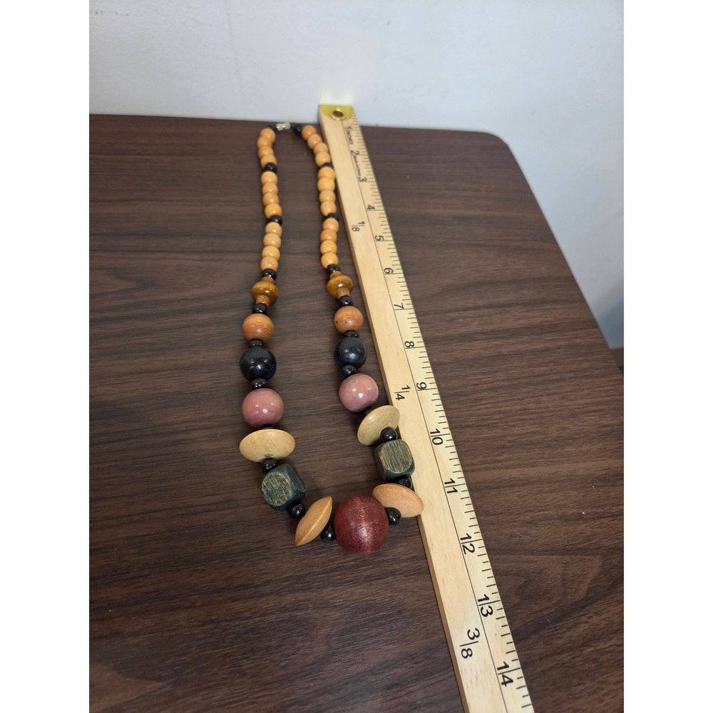 Chunky Wooden Bead Statement Necklace Earthy Multi Color Geometric Boho - Picture 2 of 5
